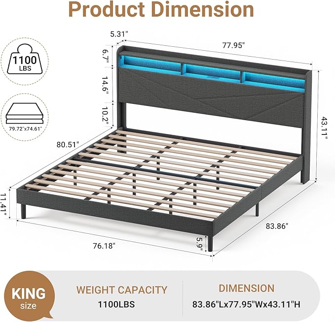 COLAMY King Size Bed Frame with Charging Station & LED Lights, Upholstered Headboard with 2-Tier Storage, Heavy Duty Metal Platform Bed with Wood Slats, No Box Spring, Noise-Free, Easy Assembly, Grey
