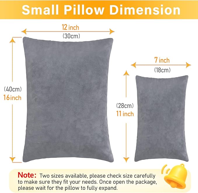 1 MIDDLE ONE 2 Pack Small Pillow, 16 X 12 Inches, Memory Foam Mini Pillow for Travel, Camping, Sleeping, Nap and Neck, Knee, Lumbar Support, Tiny Cushion for Pet, Dogs (Grey)