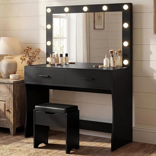 YESHOMY Vanity Desk with Mirror,Makeup Vanity Table with 11 Adjustable Lights and 2 Spacious Drawers,3 Lighting Modes with Control&Soft-Padded Storage Stool,Modern Bedroom Vanity Set,Black