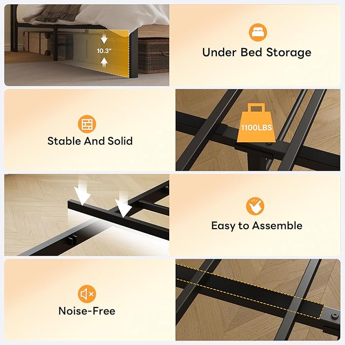 LIKIMIO King Size Bed Frame, Storage Headboard with LED Lights and Charging Station, Metal Platform Bed No Box Spring Needed, Noise Free, Under Bed Storage, Natural and Cream