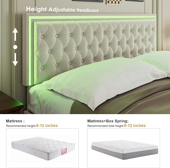 Keyluv Full Upholstered LED Bed Frame with 4 Drawers, Velvet Platform Storage Bed with Adjustable Button Tufted Headboard and Solid Wooden Slats Support, No Box Spring Needed, Beige