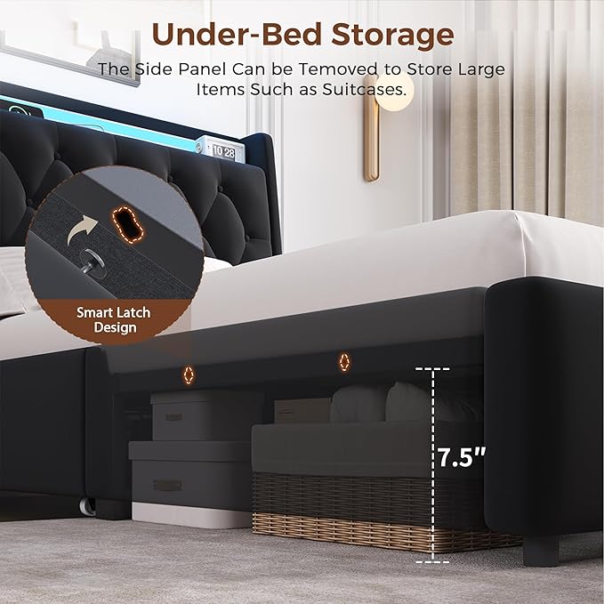 Twin LED Velvet Bed Frame with 2 Storage Drawers&Hidden Headboard, Upholstered Platform Bed with Charging Station&Button Tufted Design, Wooden Slats Support, Box Spring Optional, Easy Assembly, Black