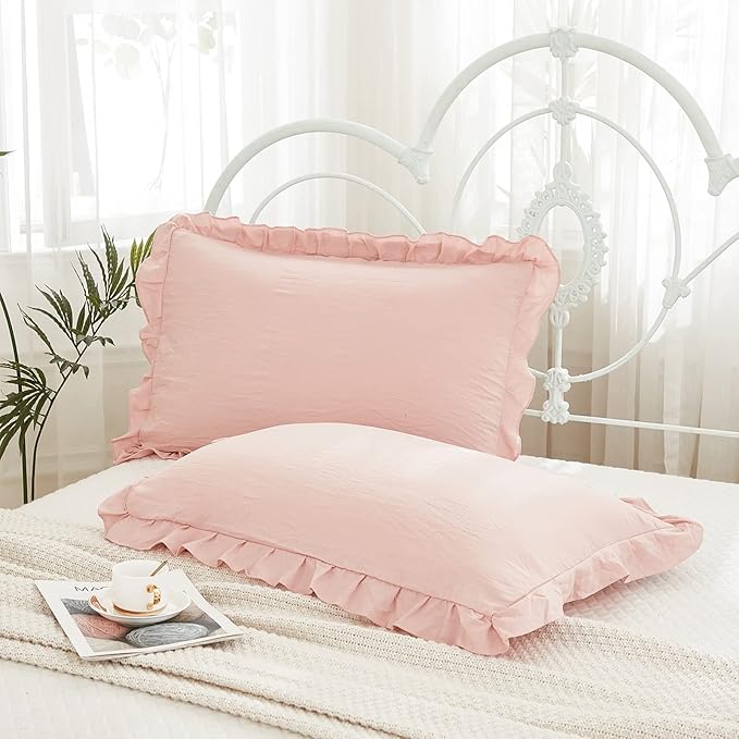 Merryword Pink Pillow Shams Standard Pillowcases 20x26inch Pink Ruffle Cute Pillow Cover Set of 2 Shabby Chic Soft Microfiber Pillowcases 2 Pack