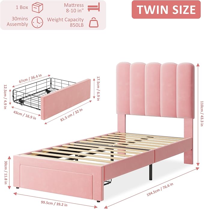 GarveeHome Twin Bed Frame with Under-Bed Drawer, Upholstered Platform Bed with Wave Headboard for Kids/Girls, Wooden Slats Support, No Box Spring Needed, Velvet Pink