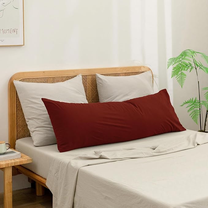 BESTOUCH 100% Washed Cotton Pillowcase for Hair and Skin Linen Feel Soft Comfortable Breathable 1 Pcs Pillow Case with Envelope Closure Solid Fired Brick Red Body 20x54 Inches