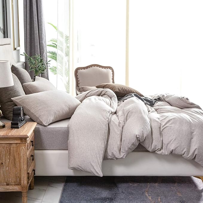 PURE ERA Jersey Knit Duvet Cover Set 100% T-Shirt Cotton Super Soft Comfy 3pc Bedding Set with Zipper Closure (Heather Beige, Oversized Queen)