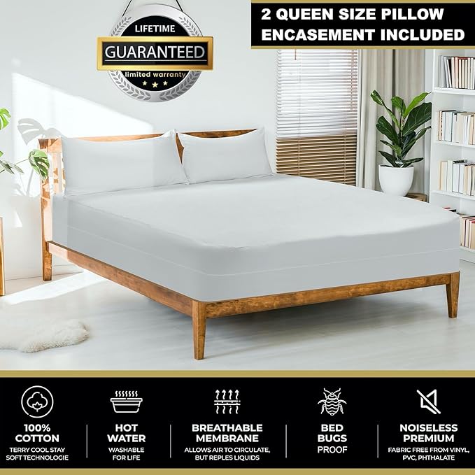 MATTSHIELD Ultimate Sensitive Skin 3-Piece Kit – Twin Size Bed Bug Mattress Protector + 2 Zippered Pillow Covers – Organic Cotton Terry Top – Waterproof 6-Sided Encasement, Soft & Breathable