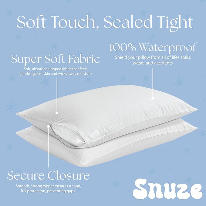 Snuze Terry Pillow Protector 2-Pack Standard/Queen Size (20” x 28”) Waterproof, Zippered, Machine Washable, Hypoallergenic Cover Spill Protection