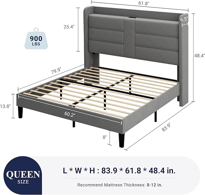 Allewie Queen Size Platform Bed Frame with Charging Station & Storage Headboard, Upholstered Velvet Wingback Design & USB Port, Strong Wooden Slats Support, No Box Spring Needed, Easy Assembly, Grey