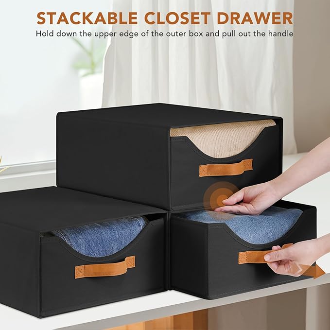 4 Pcs 16.5" Closet Drawers and Large Size Clothes Storage Bins Push-Out Storage Stackable Shelf Drawers with See-Through Window Closet Organizers for Bedroom, Living Room, Under Bed, Black