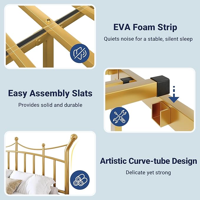 Allewie 14 Inches Full Size Metal Platform Bed Frame with Elegant Crown Iron-Art Headboard & Footboard, Sturdy Mattress Foundation with Under-Bed Storage, Easy Assembly, No Box Spring Needed, Gold