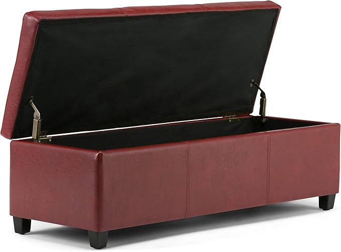 SIMPLIHOME Avalon Storage Ottoman Bench - 48" Wide x 16" High Upholstered Vegan Leather Rectangular Lift-Top Ottoman in Red, Contemporary Storage Bench for Living Room with High-Density Foam