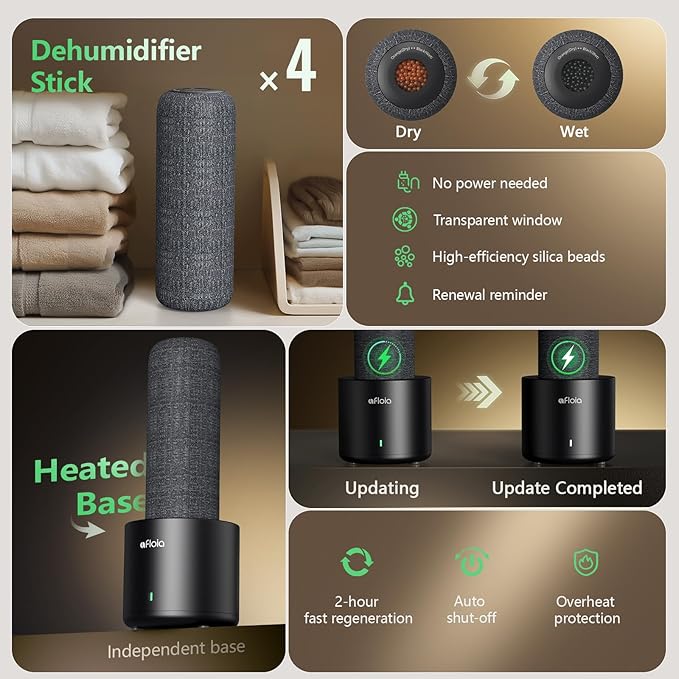 Afloia Rechargeable Cordless Gun Safe Dehumidifier with Heating Base, Mini Quiet Portable Dehumidifier for Spaces Like Room, Bathroom, Closet, Car, RV, Boat, TOPZ 4+1