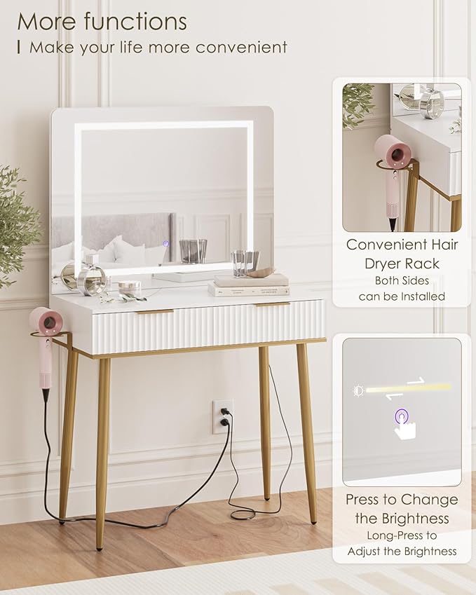 Makeup Vanity Desk with Lights and Mirror, Small Makeup Vanity Table with 2 Drawers, Dressing Table with 3 Adjustable Lighting Color, Small Makeup Desk for Bedroom, White with Gold Leg