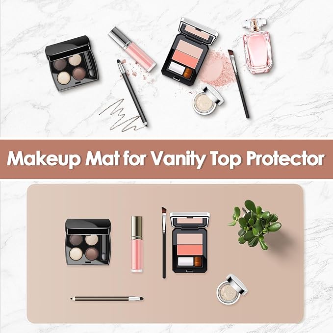 Makeup Mat for Vanity to Protect Desk Top, Dual-Sided Makeup Mat, Easy to Clean Desk Pad - Waterproof and Oilproof Vanity Accessories, 19.7 x 11.8 in (White and Khaki)