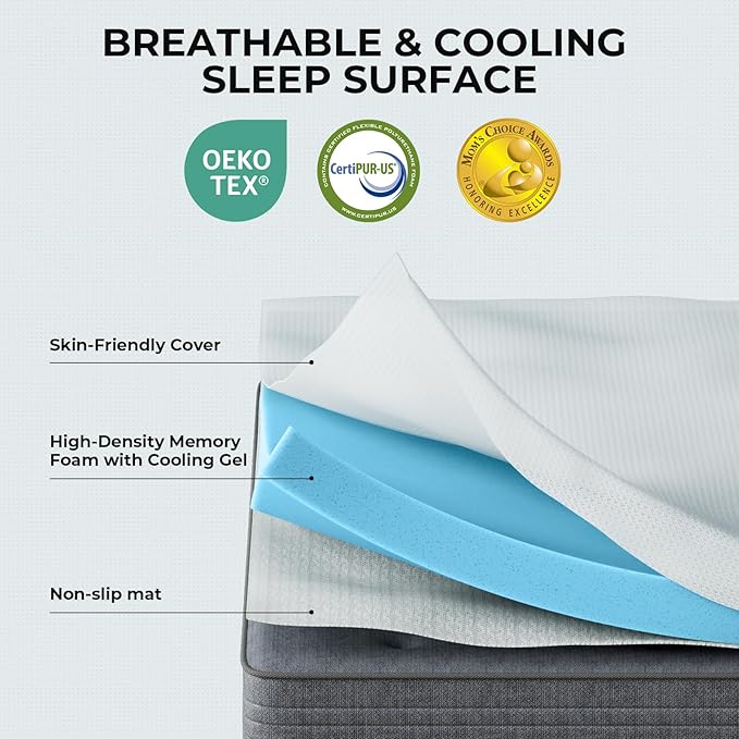 OhGeni 2 Inch King Memory Foam Mattress Topper Pad with Cover, Soft Bed Cover with Anti-Slip Base, Enhanced with Cooling Gel，Premium Comfort for Sleep & Back Pain Relief, Removable & Washable
