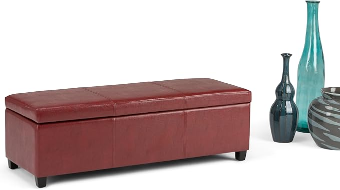 SIMPLIHOME Avalon Storage Ottoman Bench - 48" Wide x 16" High Upholstered Vegan Leather Rectangular Lift-Top Ottoman in Red, Contemporary Storage Bench for Living Room with High-Density Foam