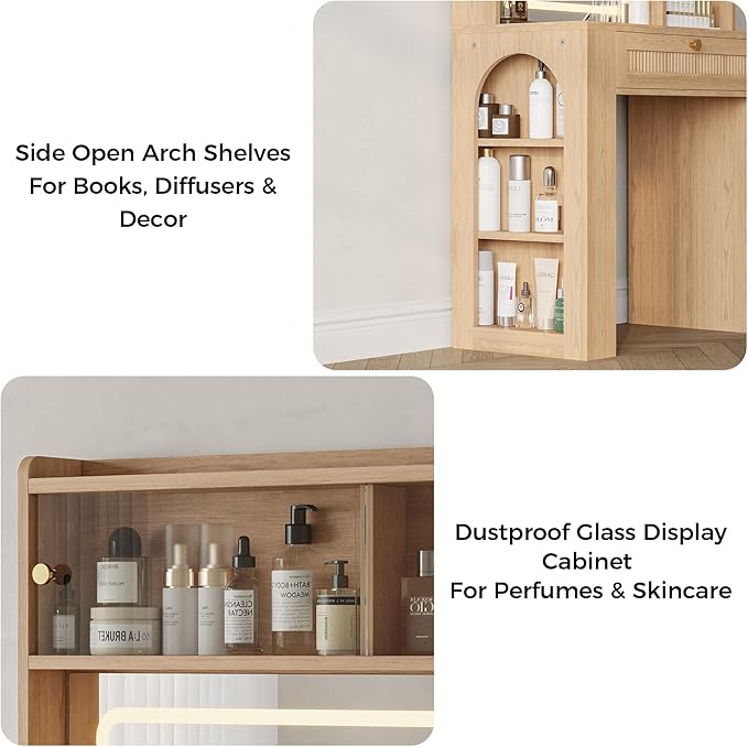 IRONCK Makeup Vanity with LED Lighted Mirror, 3-Color Dimmable Dresser with Mirror with Glass Top Drawers & Charging Station & Hair Dryer Holder, 63" H Dressing Table with 4 Drawers & Open Shelves
