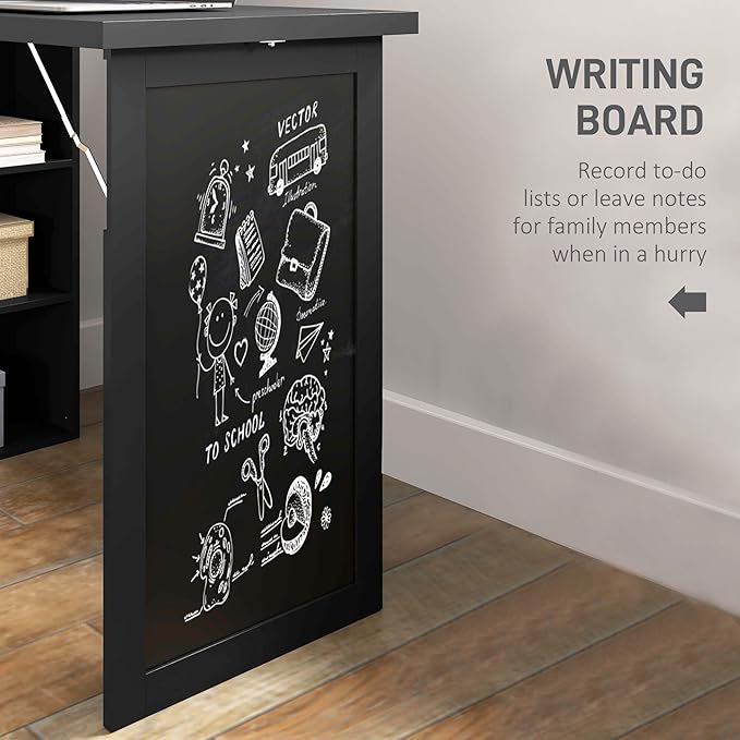 HOMCOM Foldable Convertible Writing Table, Wall Mounted Space-Saving Computer Desk with Chalkboard and Storage Shelves for Small Spaces, Home Office, Bedroom, Dorm, Apartment, Black