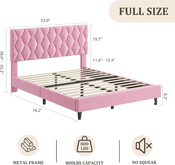 GarveeHome Pink Full Bed Frame with Upholstered Headboard, Heavy-Duty Platform Bed Frame with Strong Wood Slats, No Box Spring Needed/Noise Free/Easy Assembly