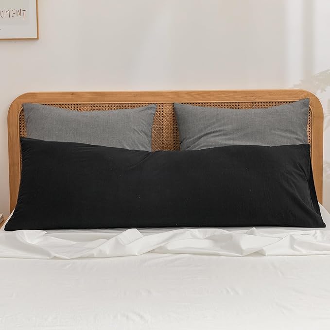 BESTOUCH 100% Washed Cotton Pillowcase for Hair and Skin Linen Feel Soft Comfortable Breathable 1 Pcs Pillow Case with Envelope Closure Solid Deep Dark Black Body 20x54 Inches