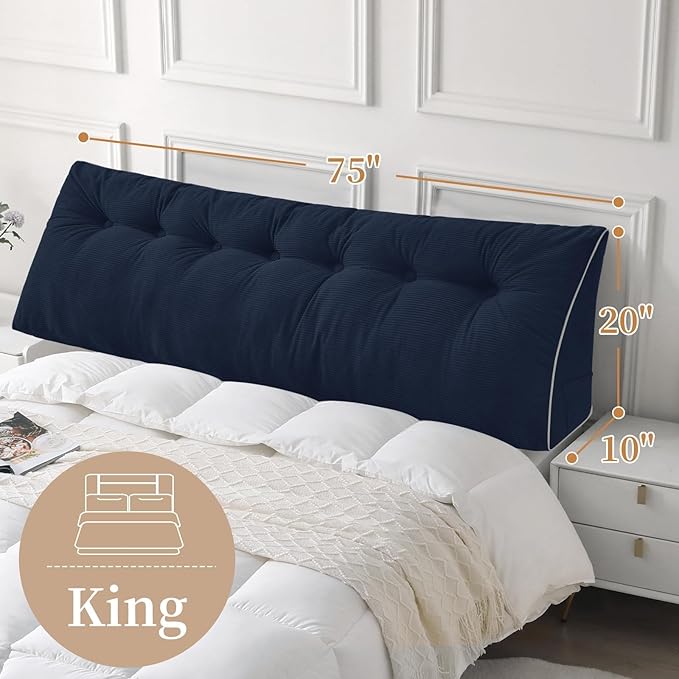 Sasttie Headboard Pillow King, Wedge Pillow Headboard for Sitting Up in Bed, Back-Rest Support Triangular Cushion for Reading - Features Removable Washable Cover, Navy
