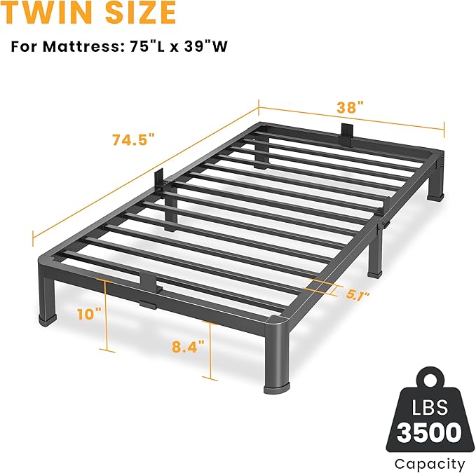 Superay 10 Inch Twin Size Metal Platform Bed Frame with Round Corners, Storage Space Under High Bed Frame-Heavy Duty Steel Slats Support, Noise Free - Easy Assembly - No Box Spring Needed