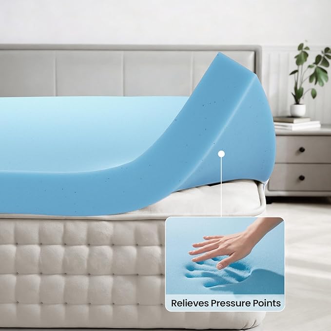 OhGeni3 Inch Cooling Queen Size Gel Memory Foam Mattress Topper Pad,Soft Bed Cover with Anti-Slip Base &Zipper,Fits 6"-19" Mattresses with Straps,Extra Comfort for Sleep&Back Pain Relief