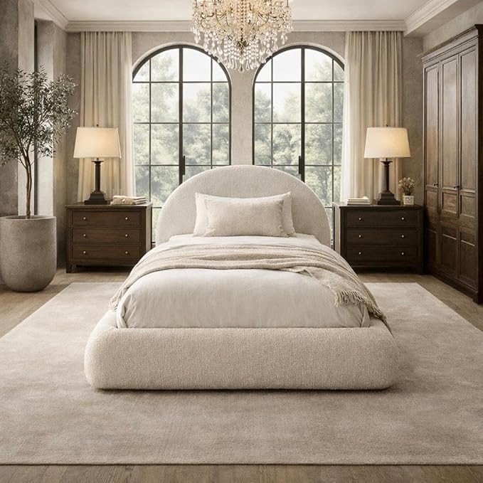 Round Bed – Washable Zip Cover - Upholstered Linen Soft Foam - Modular Minimalist Modern - Half Circle Moon - Sold Sold Separately (Cream Boucle, Twin Base)