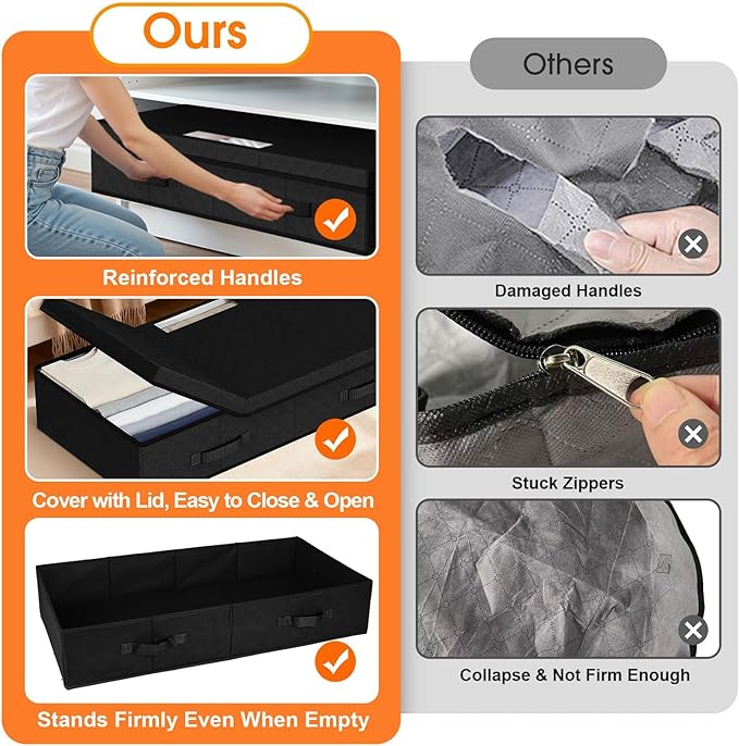 StoreHappily Under Bed Storage Containers with Lids - 3 Pack, Foldable and Stackable Clothes Storage Bags with Clear Window, 3-Sided Handles and Label Slot for Clothing, Blankets, Pillows (Black)