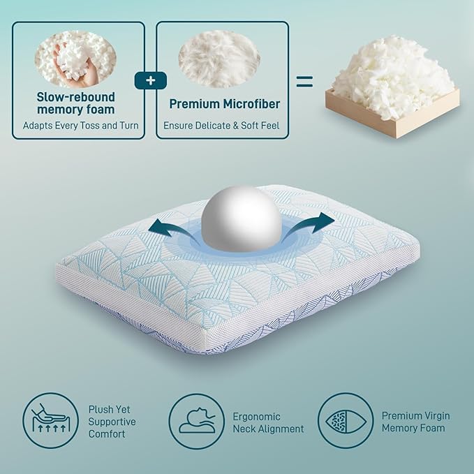 Cotelovo Shredded Memory Foam Cooling Soft Bamboo Viscose Pillows Adjustable Hypoallergenic Hotel Quality Pillows for Stomach, Back or Side Sleeper, Oeko-TEX Certified King Set of 2