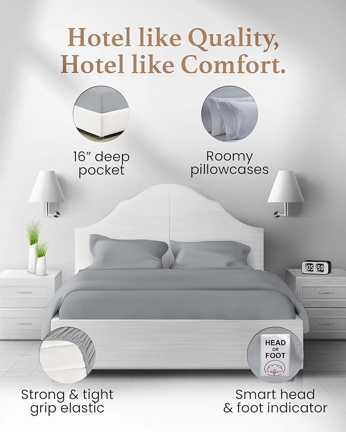 Good Sleep Bedding California King Sheet Sets, 4 Piece, 100% Egyptian Cotton Cal King Sheet Set, Sateen Weave, Ultra-Soft, 16" Deep Pocket California King Sheet Set - Light Gray