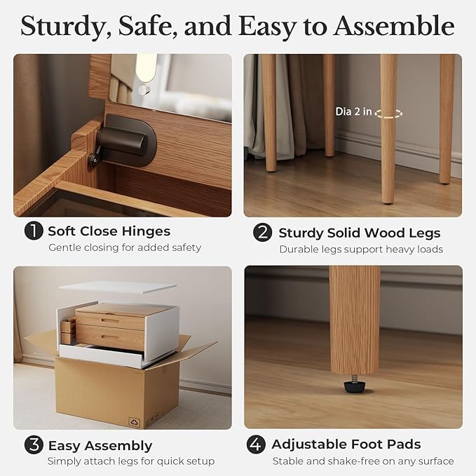 Muwuele Solid Wood Small Vanity Desk with Mirror and Lights, Narrow Makeup Vanity for Small Space, Flip Top Vanity Side Table, 3 Color Modes & Adjustable Brightness, 23.6" Slim Dressing Table, Natural