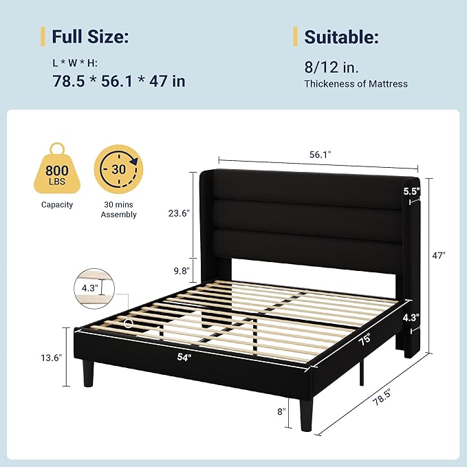 Allewie Full Size Platform Bed Frame with Velvet Upholstered Wingback Headboard, No Box Spring Needed, Under Bed Storage Space, Strong Wooden Slats, Modern Mattress Foundation, Easy Assembly, Black