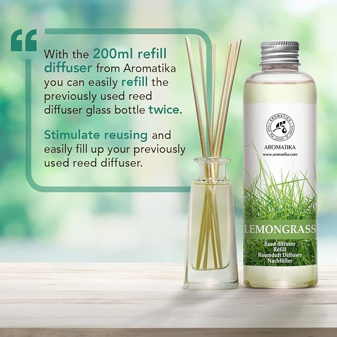 Lemongrass Reed Diffuser Refill, Natural Essential Lemongrass Oil 6.8 Fl Oz - Fresh & Long Lasting Fragrance - Best Reed Diffuser Oil Refill for Aromatherapy - Home - Office - Restaurant