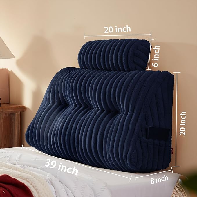 Rycwola Faux Fur Headboard Pillow with 1 Pack Neck Roll Pillow Large Headboard Pillow Soft and Supportive with Removable Cover (Blue, Twin)