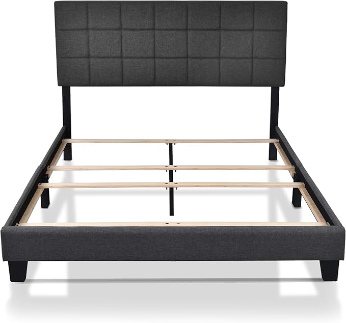 Allewie Queen Size Panel Bed Frame with Adjustable Headboard for High Profile/Fabric Upholstered/Square Stitched Padded Headboard/Box Spring or Bunkie Board Required/Dark Grey