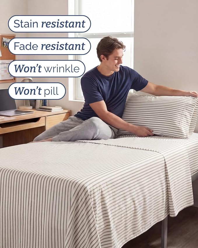 Twin XL Size 3 Piece Sheet Set - Comfy Breathable & Cooling Sheets - Hotel Luxury Bed Sheets for Women & Men - Deep Pockets, Easy-Fit, Soft & Wrinkle Free Sheets - Beige Stripes Oeko-Tex Bed Sheet Set