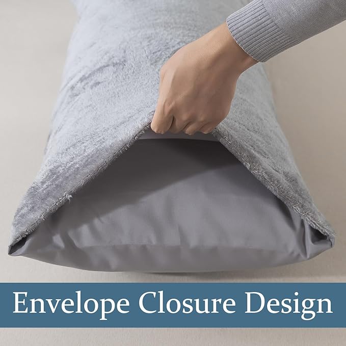 Whatsbedding Sherpa Body Pillow Cover, Ultra Soft Faux Fur Body Pillowcase, Luxury Shaggy Plush Long Pillowcase, Envelope Closure - Grey (20x54 inch)