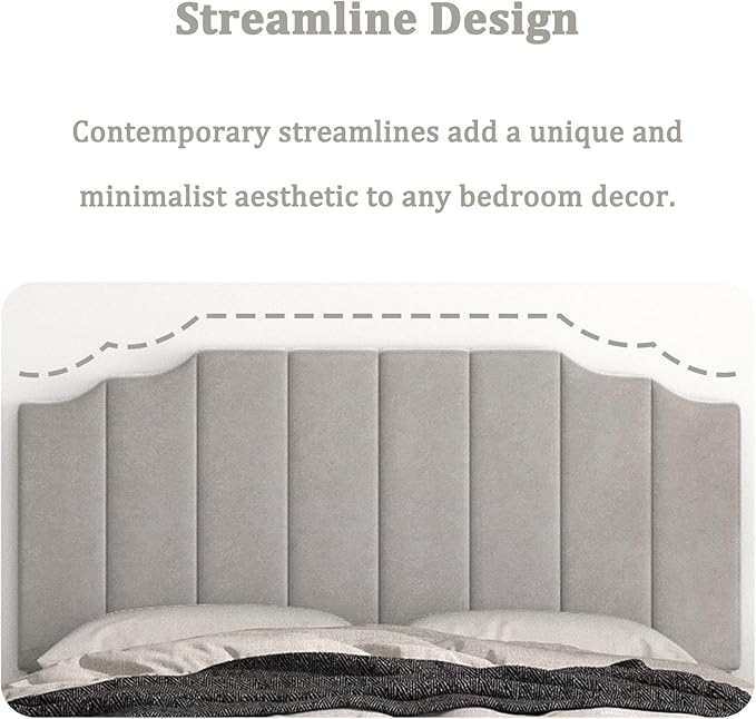 Befurtori Queen Size Headboard Only, Velvet Wall Mounted Headboard Queen Size for Adjustable Bed, Modern Vertical Channel Design with Curved Tufted Upholstered Head Board and Luxury Soft Padded, Gray