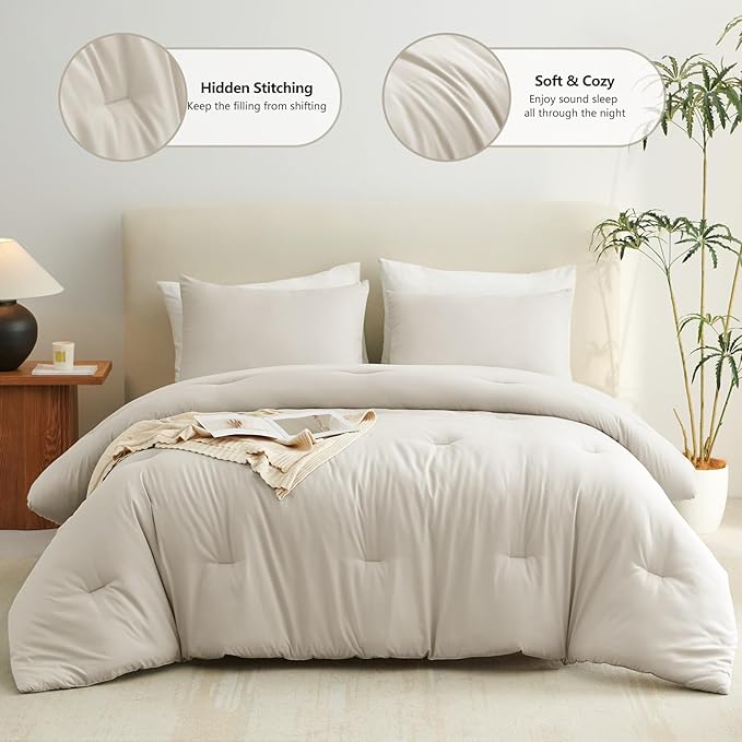 CozyLux Beige Queen Comforter Set, 3 Pieces Boho Solid Breathable Quilted Style Bedding Sets, Luxury Fluffy Soft Bed Set with Down Alternative Comforter for All Season (1 Comforter & 2 Pillowcases)