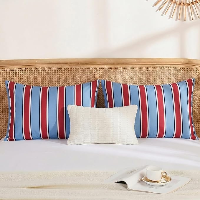 Merryword Burgundy and Blue Striped Pillowcases, 100% Cotton Pillow Cases, Standard Size Pillowcases, Luxury Linen Like Pillowcase, Soft Breathable Stripe Pillow Covers, Set of 2