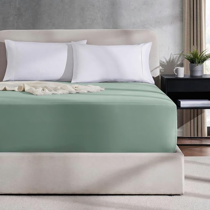 Nestl Sage Green California King Fitted Sheet Extra Deep Pocket, Hotel Luxury Cal King Fitted Sheet Only Easily Fits 18 to 24 Inch Mattress, Super Soft, Wrinkle-free, and Breathable with Corner Straps