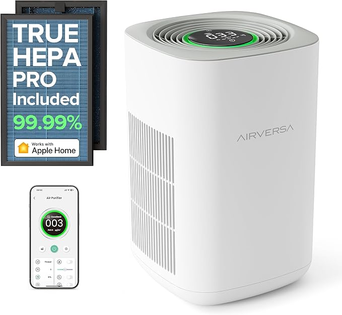 Airversa Air Purifier for Home Bedroom Large Room 1050 Sq Ft Air Filters Up to 99.99% PM2.5 Display Smart Air Cleaner Works with HomeKit for Baby Pet Desktop Office, AP2-2025