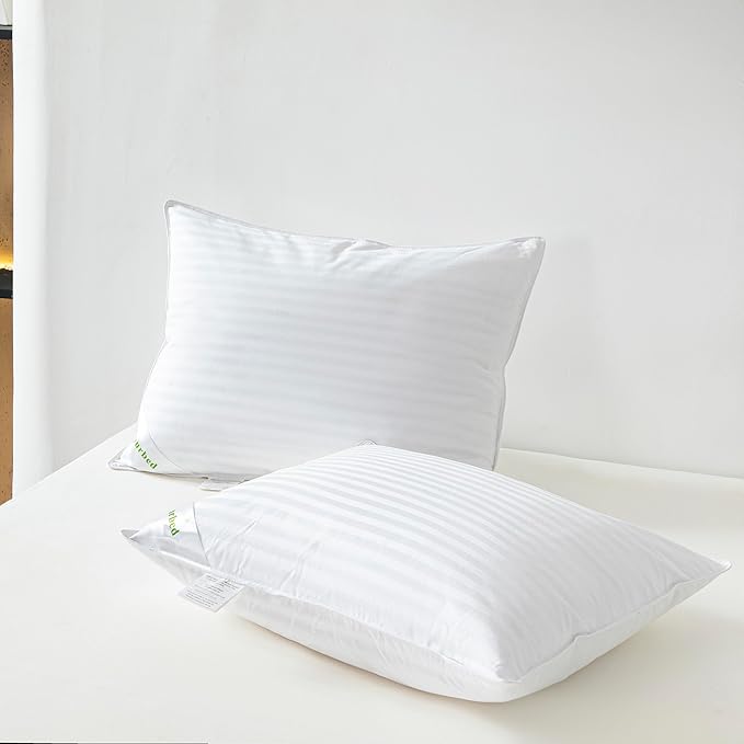Goose Down Feather Pillows Stripe White Bed Pillow for Sleeping,100% Cotton Fabric Good for Side and Back Stomach Sleeper King Size 1 Pack