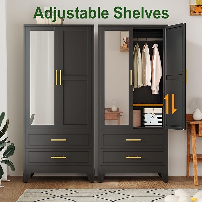 winiowa Metal Armoire Wardrobe Closet with 2 Drawers, 71" Wardrobe Cabinet with Adjustable Shelves and Hanging Rod, Clothing Storage Cabinet Closet with Mirror for Bedroom-Black