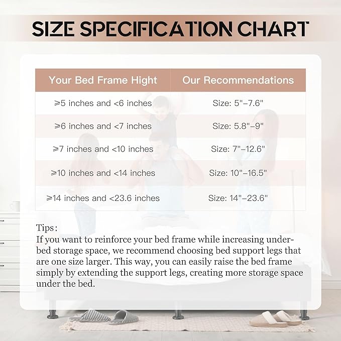 Adjustable Height Bed Frame Support Leg, Metal Bed Frame Support Legs with Rubber Base, Bed Slat Support Leg for Heavy Duty/Wooden/King/Queen Bed Frame (10"-16.5" (6pcs))