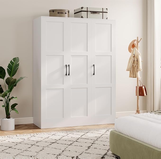 PeakPursuit Wooden Wardr.obe Closet Arm.oire, Freestanding Ward.Robe with 3 Doors for Hanging Clothes, Bedroom Large Capacity Freestanding Arm.oire