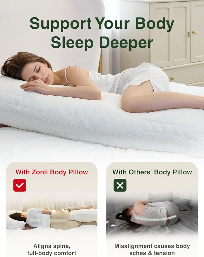 ZonLi Long Body Pillows for Adults, Memory Foam Body Pillow Adjustable, Firm Support for Side Sleepers, Pregnant Women, Washable Quilted Pillowcase, Gifts, 20 x 54 Inch, Sage Green Set