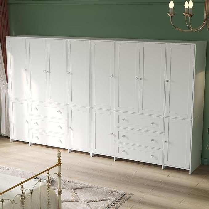 VOWNER Armoire Wardrobe Closet with Drawers and Mirror, 71" Clothing Storage Cabinet with Hanging Rod, 6 Doors Wooden Wardrobe Cabinet for Bedroom, Large Capacity Storage